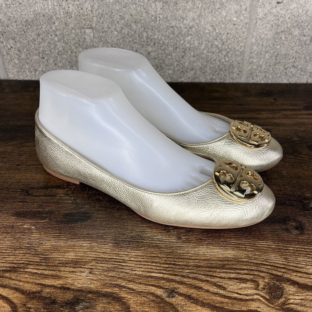 Tory Burch Claire Ballerina Ballet Flats Metallic Tumbled Leather Spark Gold 7.5